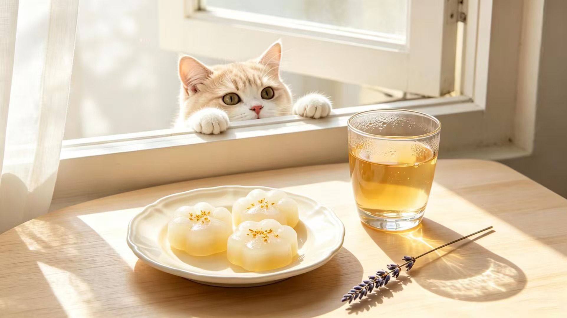 浅色系猫爪甜品和饮品摆在窗边木桌上，一只小猫在窗外探头