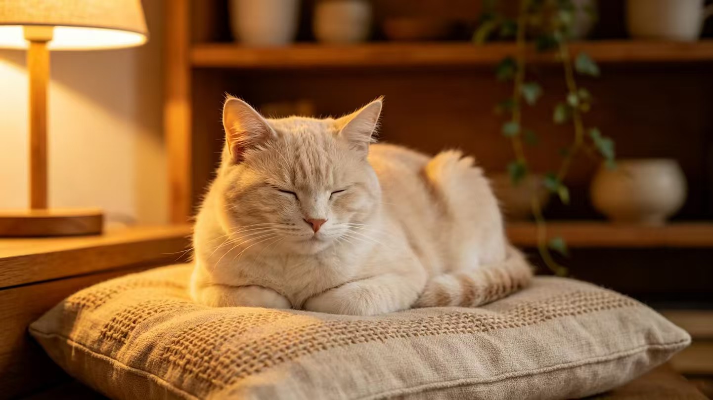 奶油色猫咪在简约原木暖光角落的软垫上休息，绒毛在柔光下清晰可见