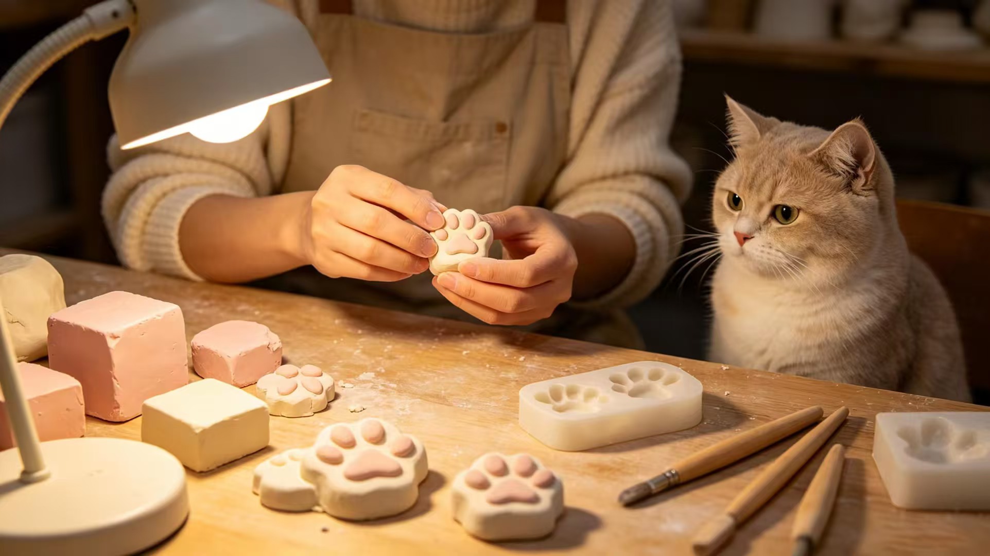 奶油胶猫爪材料和手工工具在木桌上，客人安静做手工，一只猫陪在旁边