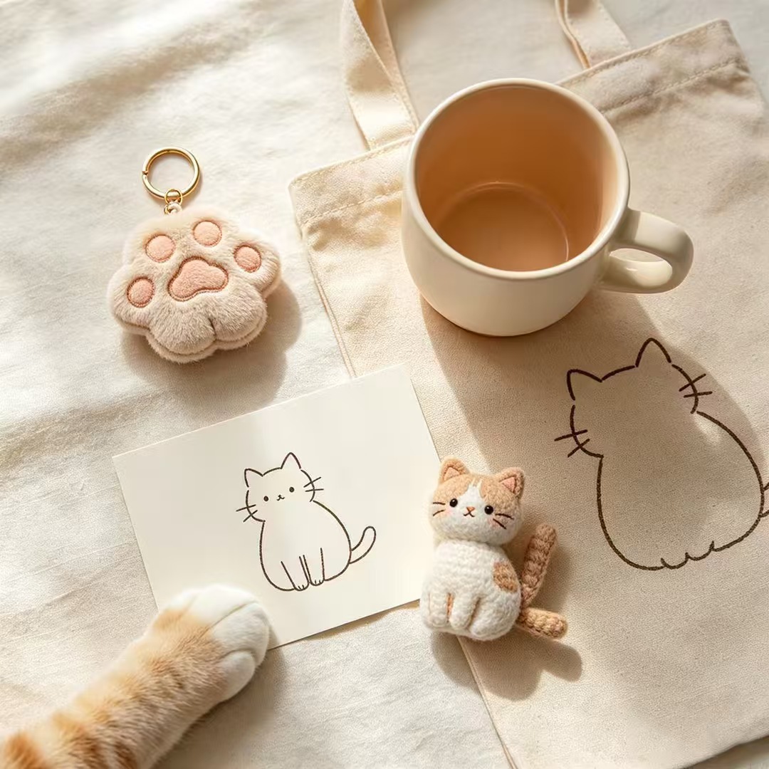 猫咪毛绒小物平铺静物：猫爪挂件、帆布袋、明信片、马克杯在奶油色亚麻布上